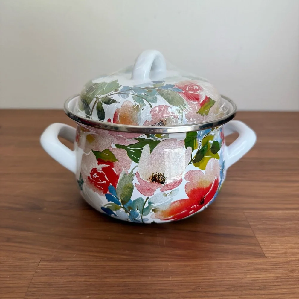 Brand New Crofton 1 Quart Mini Dutch Oven / Casserole Pot - Bright Floral Enamel